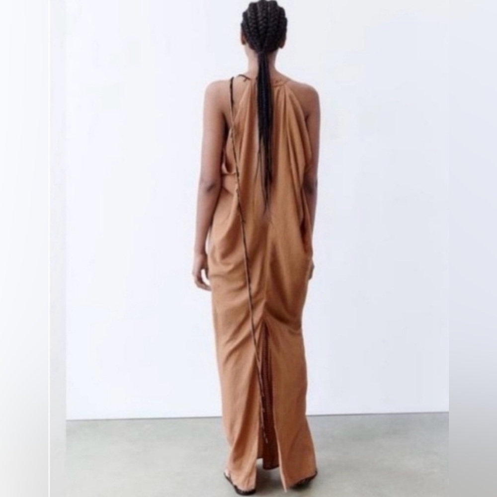 #1080 Zara Sleeveless Tan Draped Maxi Dress - Picture 2 of 14